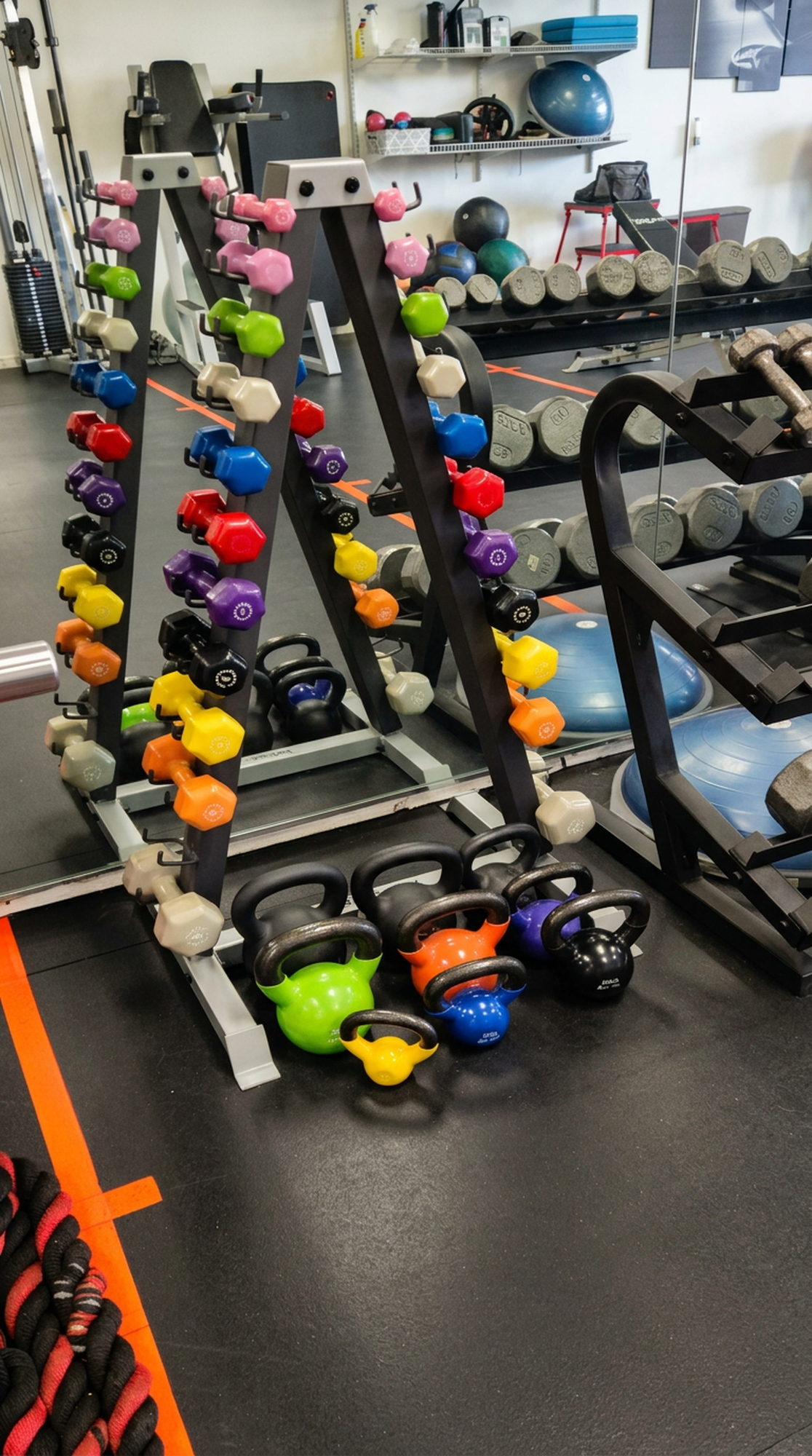 Kettlebells, vinyl dumbbells and battle ropes at Helios Fit