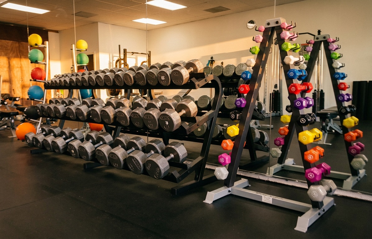 Full dumbbell racks and medicine balls on the Helios Fit floor